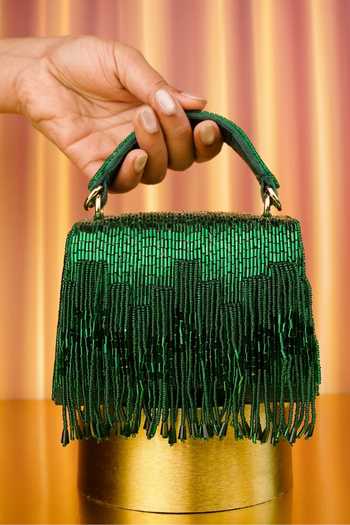 Buy_House Of Kosha_Gold Beads, Tassels, Fringe Bushra Suede Handcrafted Box Bag _at_Aza_Fashions