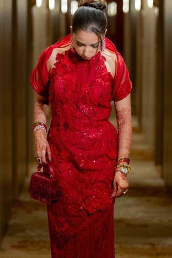 House Of Kosha_Red Beads, Fringe Bushra Suede Handcrafted Box Bag _Online_at_Aza_Fashions