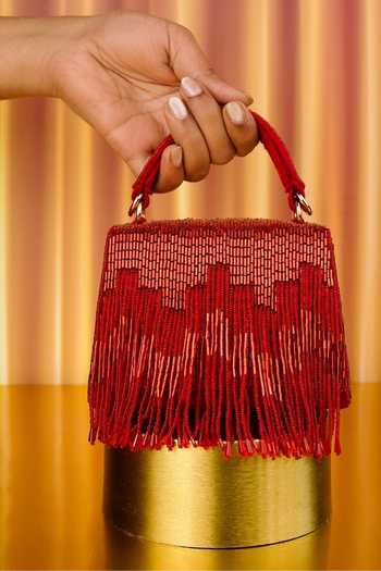 Buy_House Of Kosha_Red Beads, Fringe Bushra Suede Handcrafted Box Bag _at_Aza_Fashions