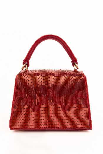 Shop_House Of Kosha_Red Beads, Fringe Bushra Suede Handcrafted Box Bag _at_Aza_Fashions