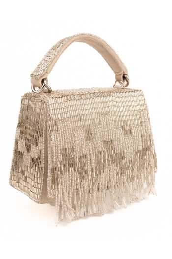 House Of Kosha_Silver Embroidery, Beads, Fringe Bushra Suede Handcrafted Box Bag _Online_at_Aza_Fashions