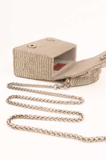 House Of Kosha_Silver Embroidery, Beads, Fringe Bushra Suede Handcrafted Box Bag _at_Aza_Fashions