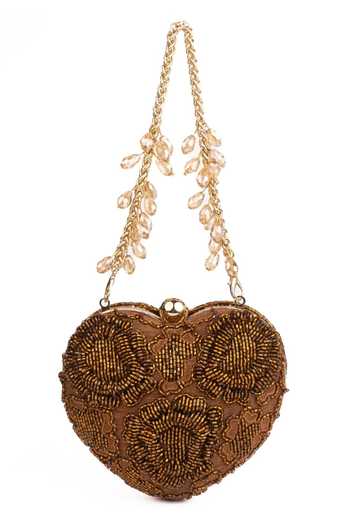 House Of Kosha_Gold Embroidery, Beads Cora Suede Embellished Heart Bag _Online_at_Aza_Fashions