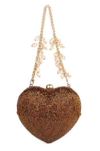 Shop_House Of Kosha_Gold Embroidery, Beads Cora Suede Embellished Heart Bag _at_Aza_Fashions