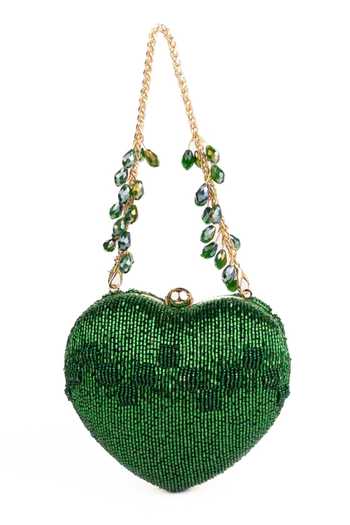 Shop_House Of Kosha_Green Beads, Cut Work Cora Suede Embellished Heart Bag _at_Aza_Fashions