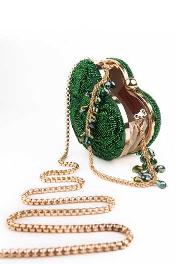 Buy_House Of Kosha_Green Beads, Cut Work Cora Suede Embellished Heart Bag _Online_at_Aza_Fashions