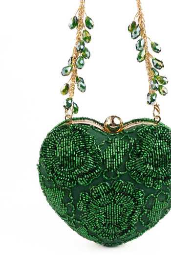 Shop_House Of Kosha_Green Beads, Cut Work Cora Suede Embellished Heart Bag _Online_at_Aza_Fashions