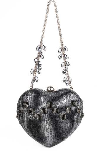 Shop_House Of Kosha_Silver Beads, Crystals Cora Suede Embellished Heart Bag _at_Aza_Fashions