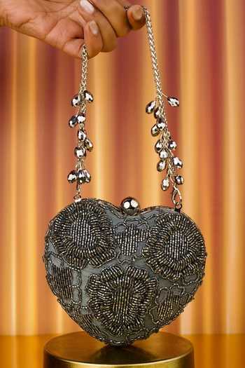 Buy_House Of Kosha_Silver Beads, Crystals Cora Suede Embellished Heart Bag _at_Aza_Fashions