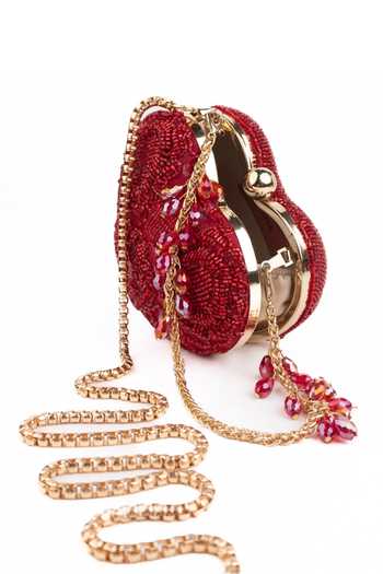 Buy_House Of Kosha_Red Beads Cora Suede Embellished Heart Bag _Online_at_Aza_Fashions