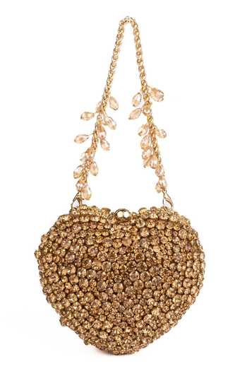 Shop_House Of Kosha_Gold Crystals, Rhinestones Lola Suede Embellished Heart Bag _at_Aza_Fashions