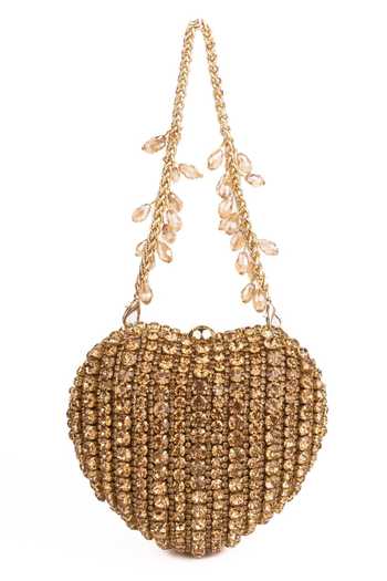 House Of Kosha_Gold Crystals, Rhinestones Lola Suede Embellished Heart Bag _Online_at_Aza_Fashions
