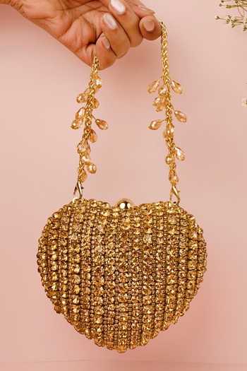 Buy_House Of Kosha_Gold Crystals, Rhinestones Lola Suede Embellished Heart Bag _at_Aza_Fashions