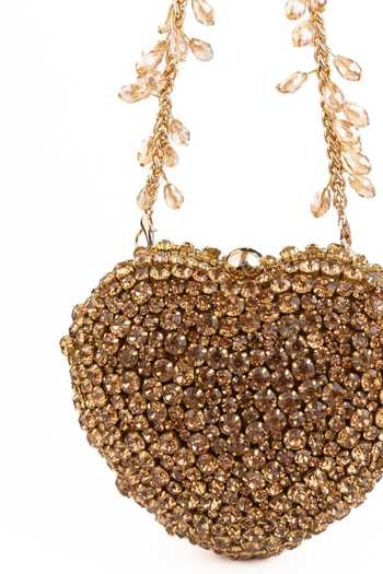 Shop_House Of Kosha_Gold Crystals, Rhinestones Lola Suede Embellished Heart Bag _Online_at_Aza_Fashions