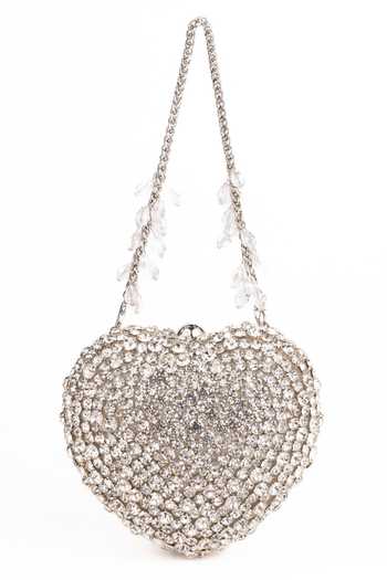 Shop_House Of Kosha_Silver Stones, Crystals, Rhinestones Lola Suede Embellished Heart Bag _at_Aza_Fashions