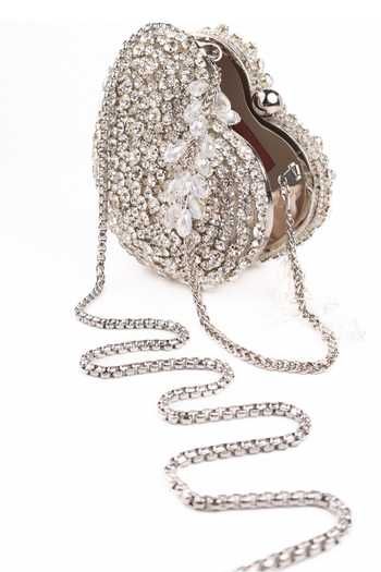 Buy_House Of Kosha_Silver Stones, Crystals, Rhinestones Lola Suede Embellished Heart Bag _Online_at_Aza_Fashions
