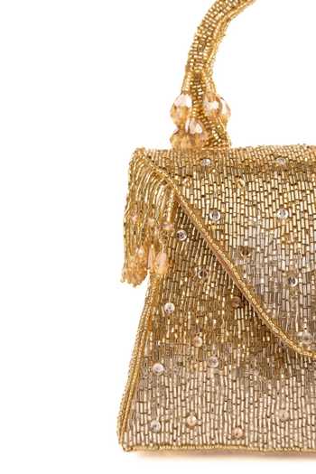 House Of Kosha_Gold Sequins, Beads, Tassels Mabel Suede Handcrafted Box Bag _Online_at_Aza_Fashions