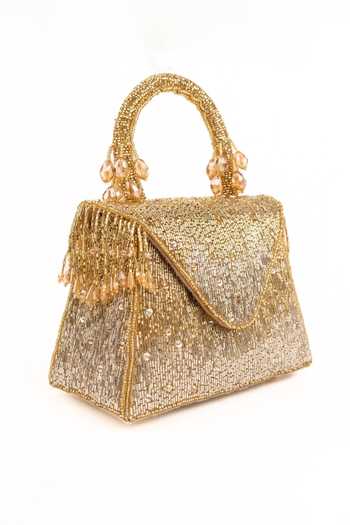 Buy_House Of Kosha_Gold Sequins, Beads, Tassels Mabel Suede Handcrafted Box Bag _Online_at_Aza_Fashions