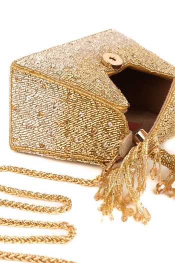 Shop_House Of Kosha_Gold Sequins, Beads, Tassels Mabel Suede Handcrafted Box Bag _Online_at_Aza_Fashions