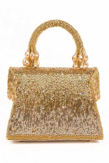Shop_House Of Kosha_Gold Sequins, Beads, Tassels Mabel Suede Handcrafted Box Bag _at_Aza_Fashions