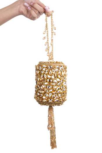 Shop_House Of Kosha_Gold Beads, Stones, Crystals, Tassels, Chains Mia Embellished Mini Cylinder Bag _at_Aza_Fashions
