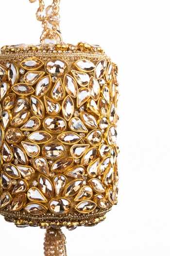 House Of Kosha_Gold Beads, Stones, Crystals, Tassels, Chains Mia Embellished Mini Cylinder Bag _Online_at_Aza_Fashions