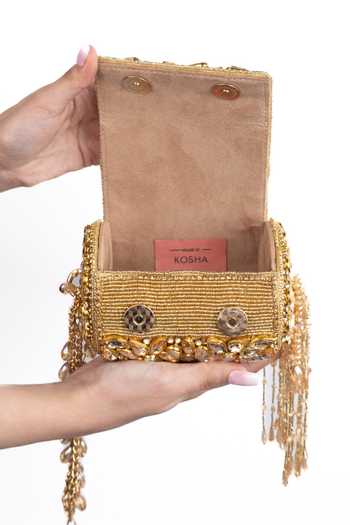 Buy_House Of Kosha_Gold Beads, Stones, Crystals, Tassels, Chains Mia Embellished Mini Cylinder Bag _Online_at_Aza_Fashions