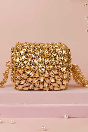 Shop_House Of Kosha_Gold Beads, Stones, Crystals, Tassels, Chains Mia Embellished Mini Cylinder Bag _Online_at_Aza_Fashions
