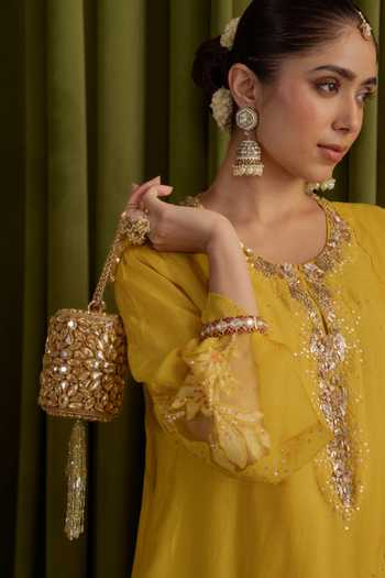 House Of Kosha_Gold Beads, Stones, Crystals, Tassels, Chains Mia Embellished Mini Cylinder Bag _at_Aza_Fashions