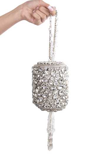 Shop_House Of Kosha_Silver Stones, Mirrors, Crystals, Mia Embellished Mini Cylinder Clutch Bag _at_Aza_Fashions