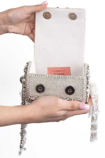 House Of Kosha_Silver Stones, Mirrors, Crystals, Mia Embellished Mini Cylinder Clutch Bag _Online_at_Aza_Fashions