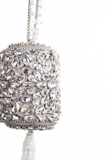 Buy_House Of Kosha_Silver Stones, Mirrors, Crystals, Mia Embellished Mini Cylinder Clutch Bag _Online_at_Aza_Fashions