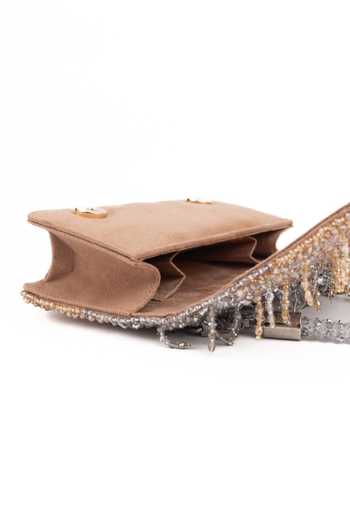 House Of Kosha_Gold Embroidery, Crystals, Fringe Elsie Suede Clutch _Online_at_Aza_Fashions