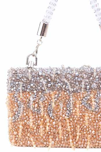 House Of Kosha_Gold Embroidery, Crystals, Fringe Elsie Suede Clutch _at_Aza_Fashions