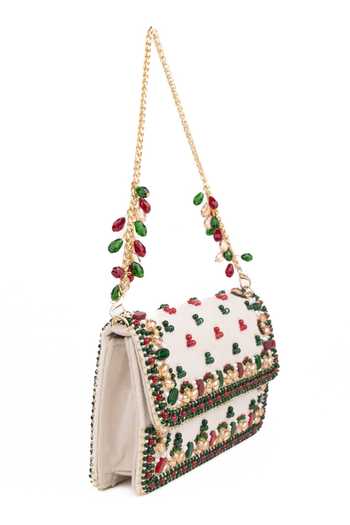 Buy_House Of Kosha_Green Beads, Pearls, Stones Noori Suede Embellished Clutch _Online_at_Aza_Fashions