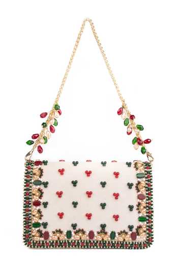 Shop_House Of Kosha_Green Beads, Pearls, Stones Noori Suede Embellished Clutch _at_Aza_Fashions