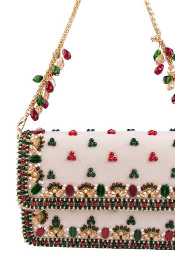 Shop_House Of Kosha_Green Beads, Pearls, Stones Noori Suede Embellished Clutch _Online_at_Aza_Fashions