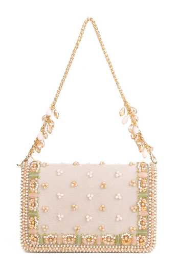 Shop_House Of Kosha_Gold Embroidery, Beads, Pearls Noori Pastel Suede Embellished Clutch _at_Aza_Fashions