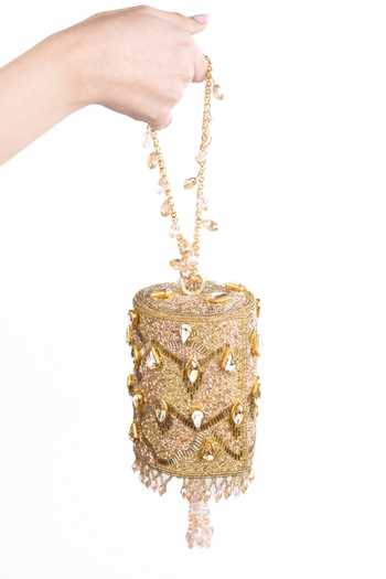 Shop_House Of Kosha_Pink Beads, Stones, Crystals, Tassels, Rania Embellished Cylinder Mini Bag _at_Aza_Fashions