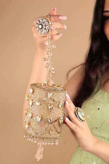 House Of Kosha_Pink Beads, Stones, Crystals, Tassels, Rania Embellished Cylinder Mini Bag _Online_at_Aza_Fashions