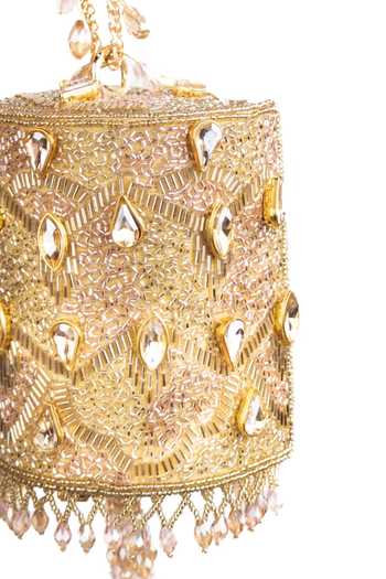 Buy_House Of Kosha_Pink Beads, Stones, Crystals, Tassels, Rania Embellished Cylinder Mini Bag _Online_at_Aza_Fashions