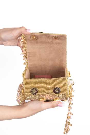 Shop_House Of Kosha_Pink Beads, Stones, Crystals, Tassels, Rania Embellished Cylinder Mini Bag _Online_at_Aza_Fashions