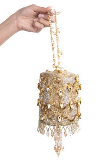 Shop_House Of Kosha_Gold Beads, Stones, Crystals, Tassels Rania Embellished Cylinder Mini Bag _at_Aza_Fashions