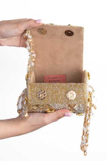 Buy_House Of Kosha_Gold Beads, Stones, Crystals, Tassels Rania Embellished Cylinder Mini Bag _Online_at_Aza_Fashions