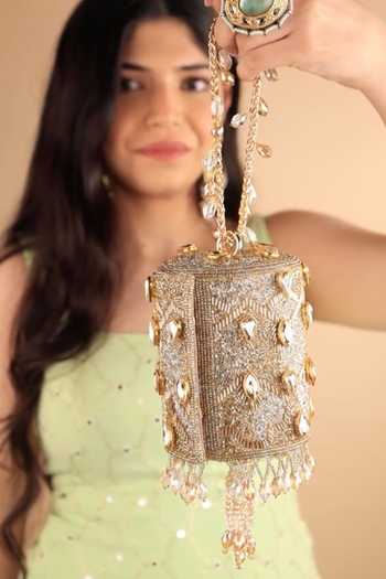 Shop_House Of Kosha_Gold Beads, Stones, Crystals, Tassels Rania Embellished Cylinder Mini Bag _Online_at_Aza_Fashions