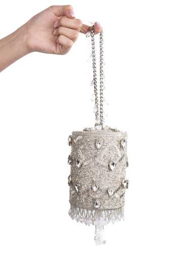 Shop_House Of Kosha_Silver Beads, Stones, Mirrors, Crystals, Rania Embellished Cylinder Mini Bag _at_Aza_Fashions