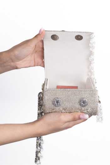 Buy_House Of Kosha_Silver Beads, Stones, Mirrors, Crystals, Rania Embellished Cylinder Mini Bag _Online_at_Aza_Fashions