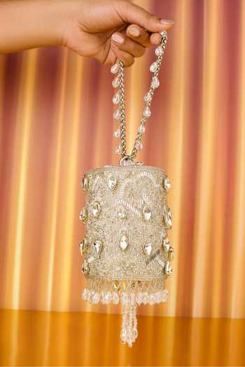 Buy_House Of Kosha_Silver Beads, Stones, Mirrors, Crystals, Rania Embellished Cylinder Mini Bag _at_Aza_Fashions