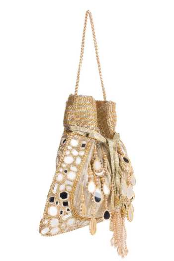 Buy_House Of Kosha_Gold Beads, Mirrors, Tassels Noorah Handcrafted Potli _Online_at_Aza_Fashions