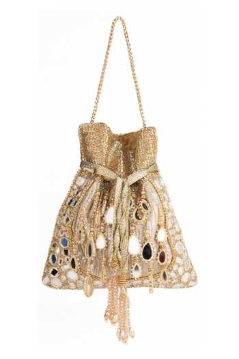 Shop_House Of Kosha_Gold Beads, Mirrors, Tassels Noorah Handcrafted Potli _at_Aza_Fashions